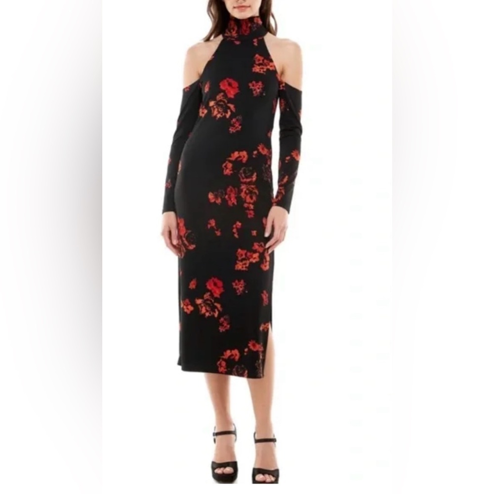 Women’s WAYF Twin Flame Long Sleeve Cold Shoulder Red Black Dress. Size S.